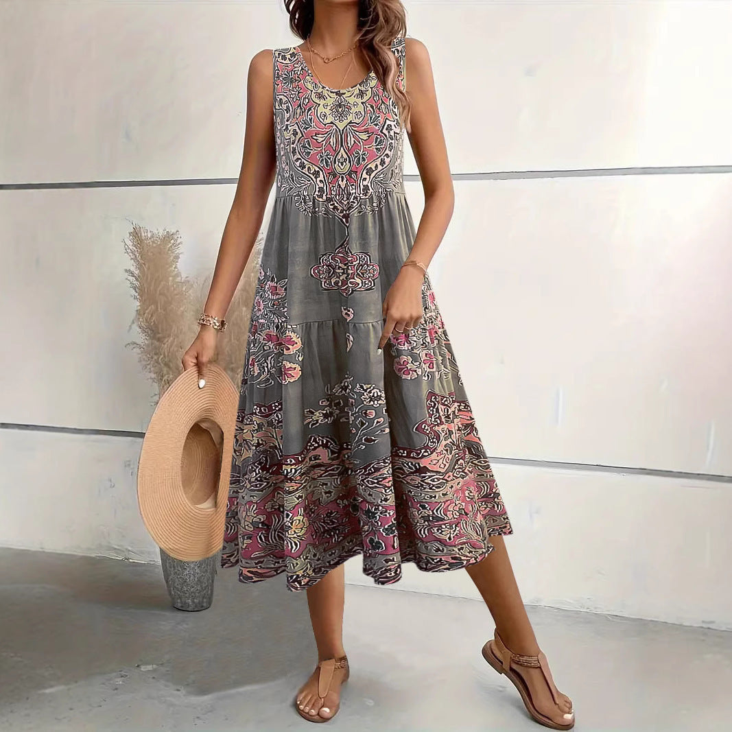 Robe midi femme – Coupe évasée – Sans manches – Col rond – Imprimé fleuri – Coton