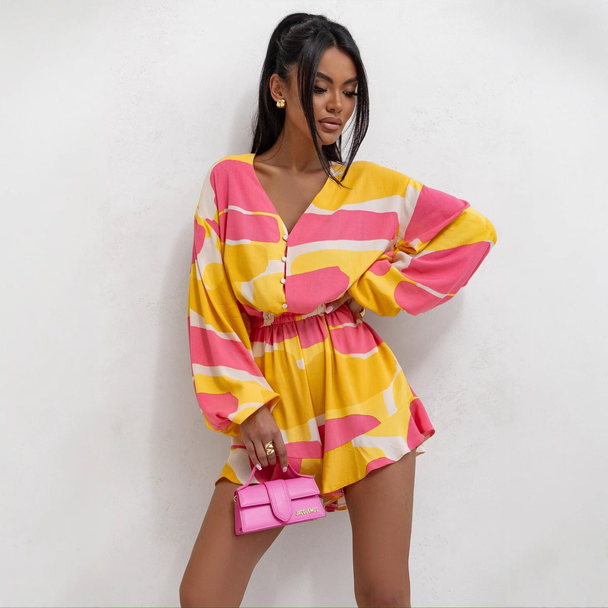 Combinaison Femme – Tissu Fluide Respirant – Manches Longues – Imprimé Abstrait – Taille Cintrée