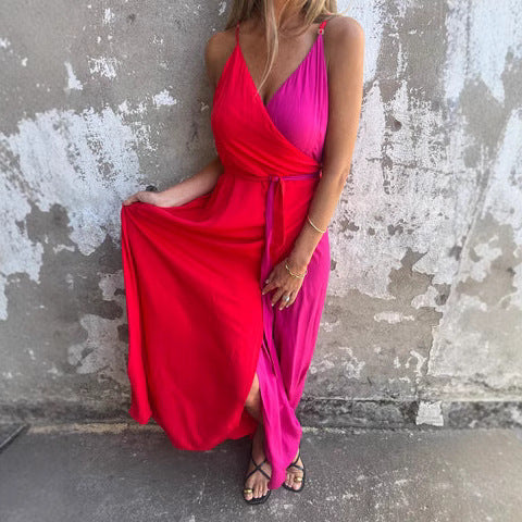 Robe longue femme – Tissu luxueux fluide – Col halter – Taille portefeuille – Ourlet asymétrique
