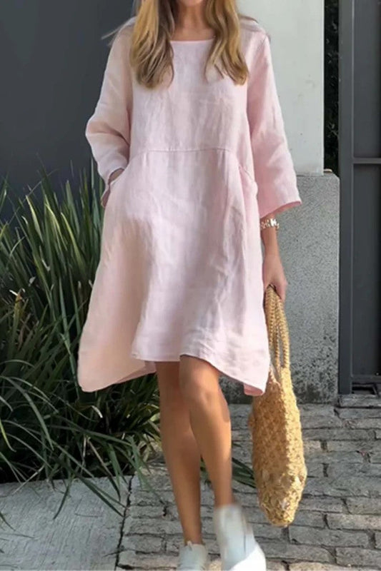 Robe femme – Coupe ample – Lin coton – Manches 3/4 – Longueur genou – Poches