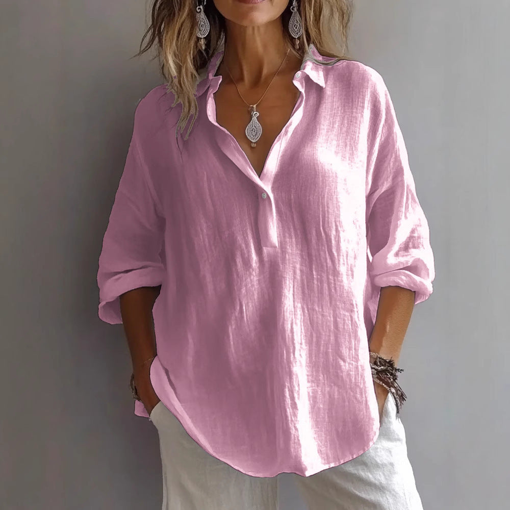 Chemise femme col V – Coupe ample – Manches longues roulées – Fibres naturelles respirantes