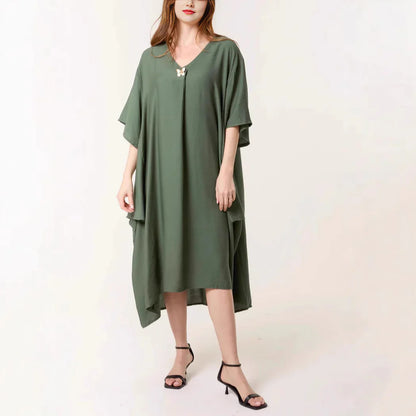 Robe Tunique Femme – Coupe Ample – Tissu Respirant – Manches Courtes – Col V Midi
