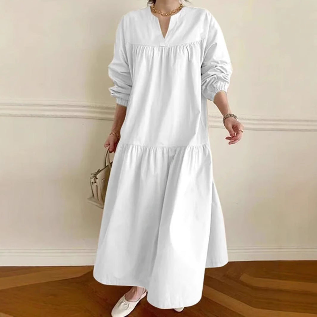 Women's long dress – Cotton linen – Loose fit – Puff sleeves – V neck