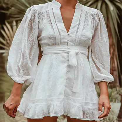 Robe courte femme – Manches longues ballon – Taille nouée – Tissu respirant fluide
