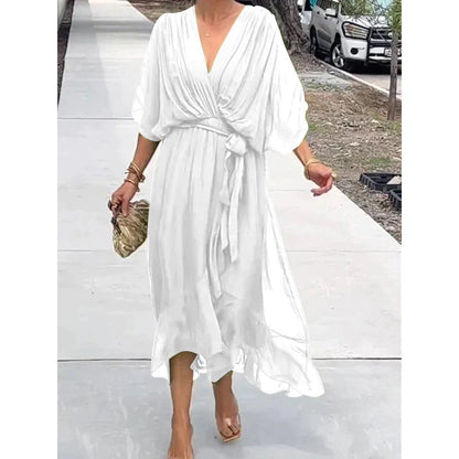 Robe longue femme – Tissu fluide – Manches chauve-souris – Taille nouée – Ourlet asymétrique