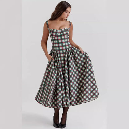 Robe Longue Femme – Motif Carreaux Élégant – Décolleté Cœur – Tissu Fluide avec Poches