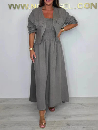 Ensemble deux pièces femme – Robe longue – Coupe décontractée – Buste smocké – Coton – Veste assortieécontractée – Buste smocké – Coton – Veste assortie