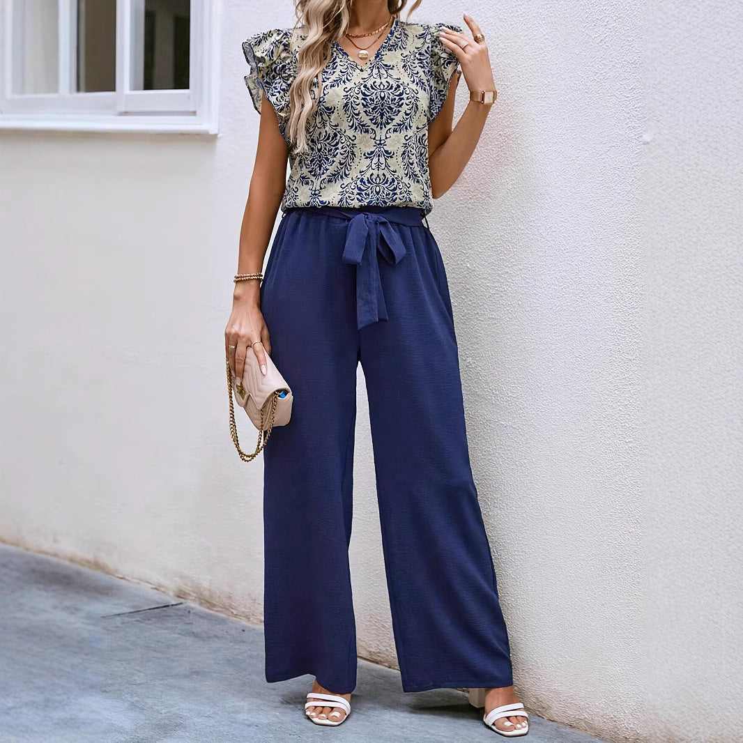 Ensemble femme – Haut fleuri col V manches volantées – Pantalon large avec ceinture