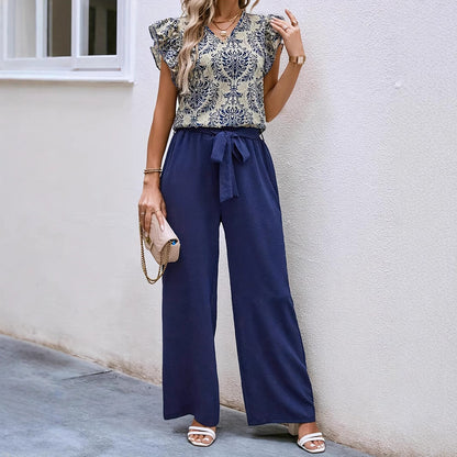 Ensemble femme – Haut fleuri col V manches volantées – Pantalon large avec ceinture