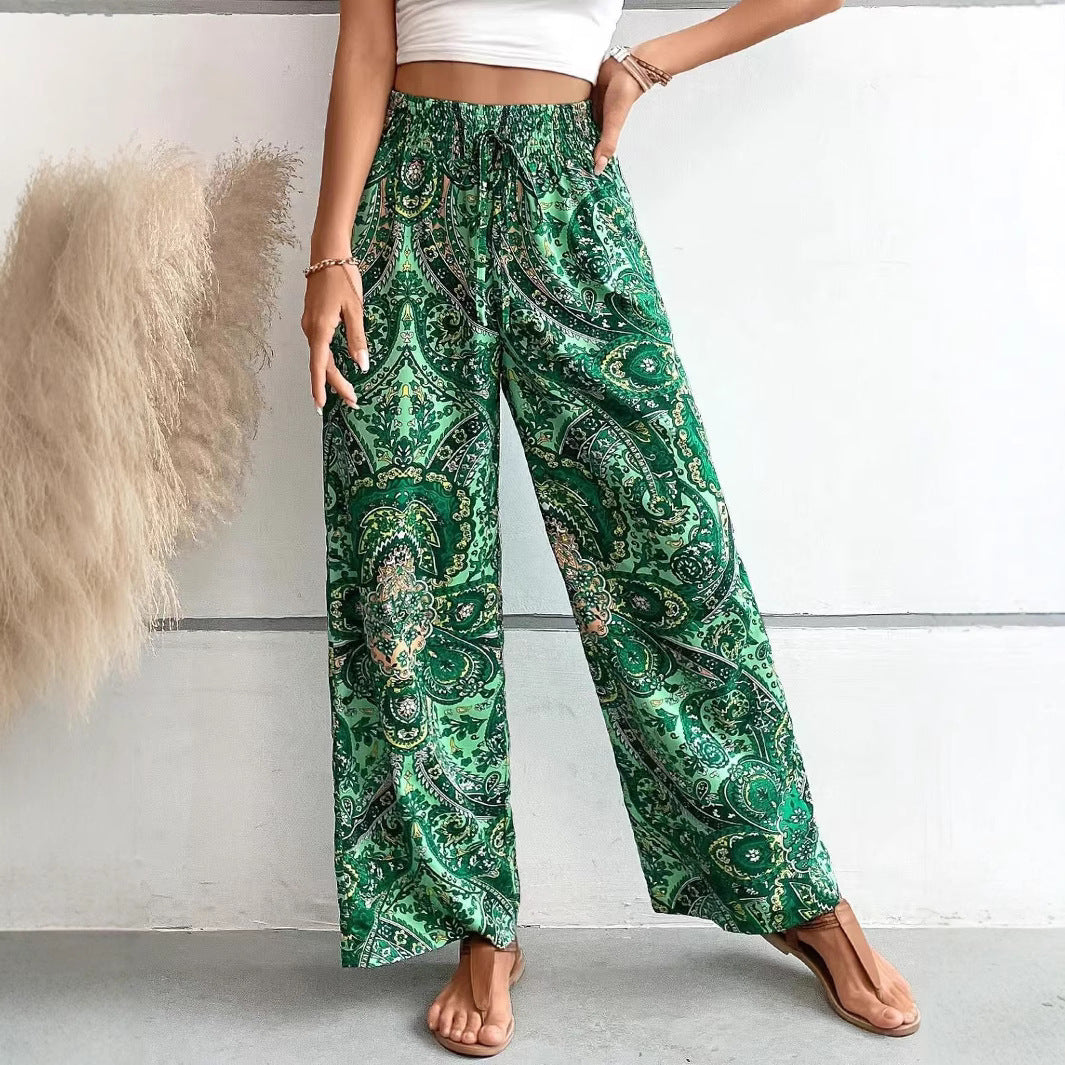 Pantalon femme large – Motif cachemire – Taille élastique – Tissu fluide respirant