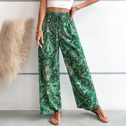 Pantalon femme large – Motif cachemire – Taille élastique – Tissu fluide respirant