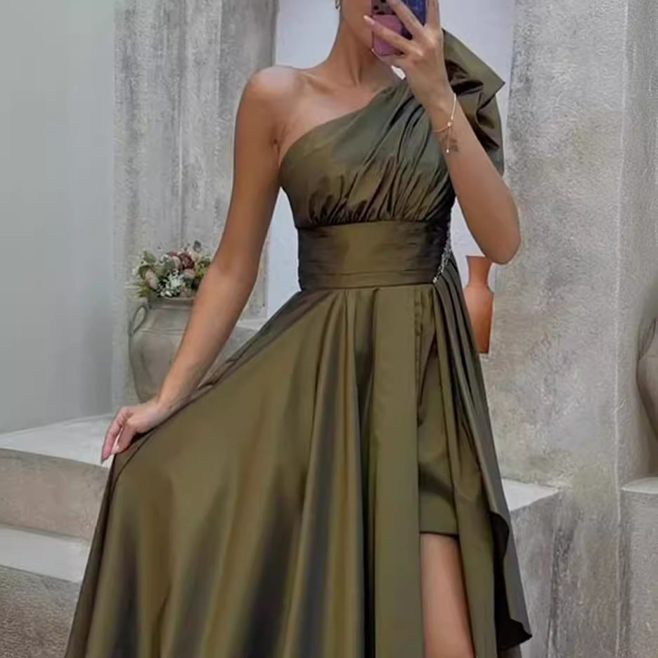 Robe de soirée femme – Épaule unique – Tissu luxueux – Jupe fendue fluide