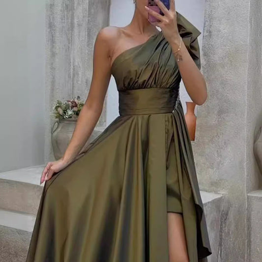 Robe de soirée femme – Épaule unique – Tissu luxueux – Jupe fendue fluide