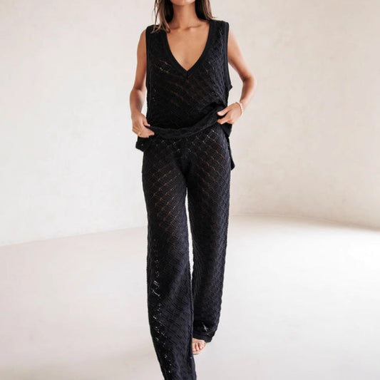 Ensemble Femme Haut Sans Manches et Pantalon – Maille Motif Losange – Coupe Décontractée