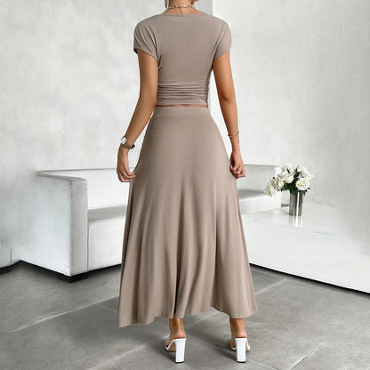 Ensemble Robe Femme – Haut Court Ajusté Froncé – Jupe Longue Fluide Taille Haute