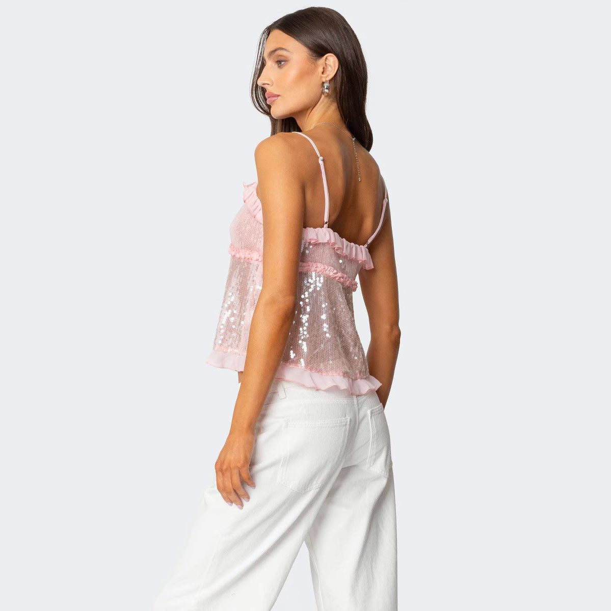 Top court femme – Coupe ajustée – Bretelles fines – Sequins – Volants – Nœud devant