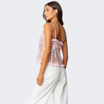 Top court femme – Coupe ajustée – Bretelles fines – Sequins – Volants – Nœud devant