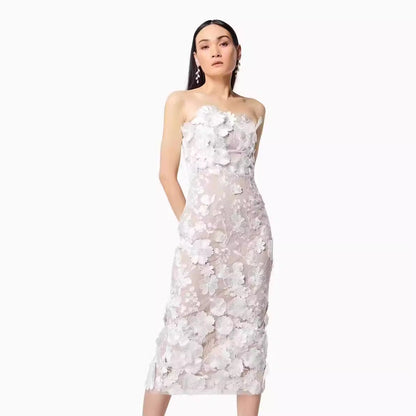 Robe femme bustier – Coupe ajustée – Tulle léger – Fleurs 3D – Longueur midi