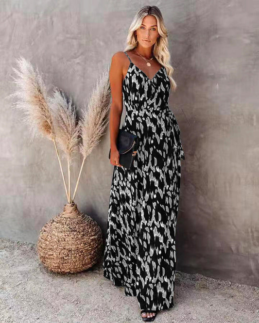 Robe longue femme – Coupe slim – Bretelles fines – Décolleté en V – Imprimée