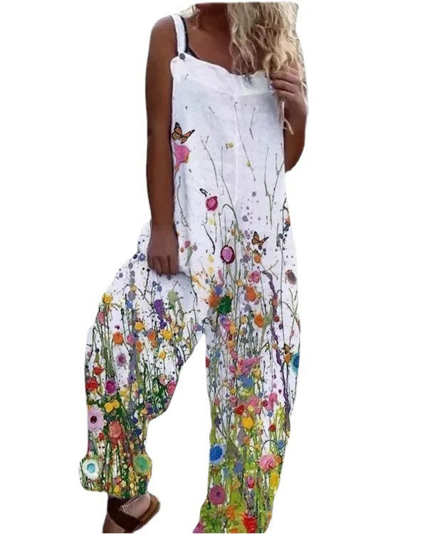 Combinaison Femme – Coupe Décontractée – Imprimé Fleuri – Jambes Larges – Bretelles Réglables