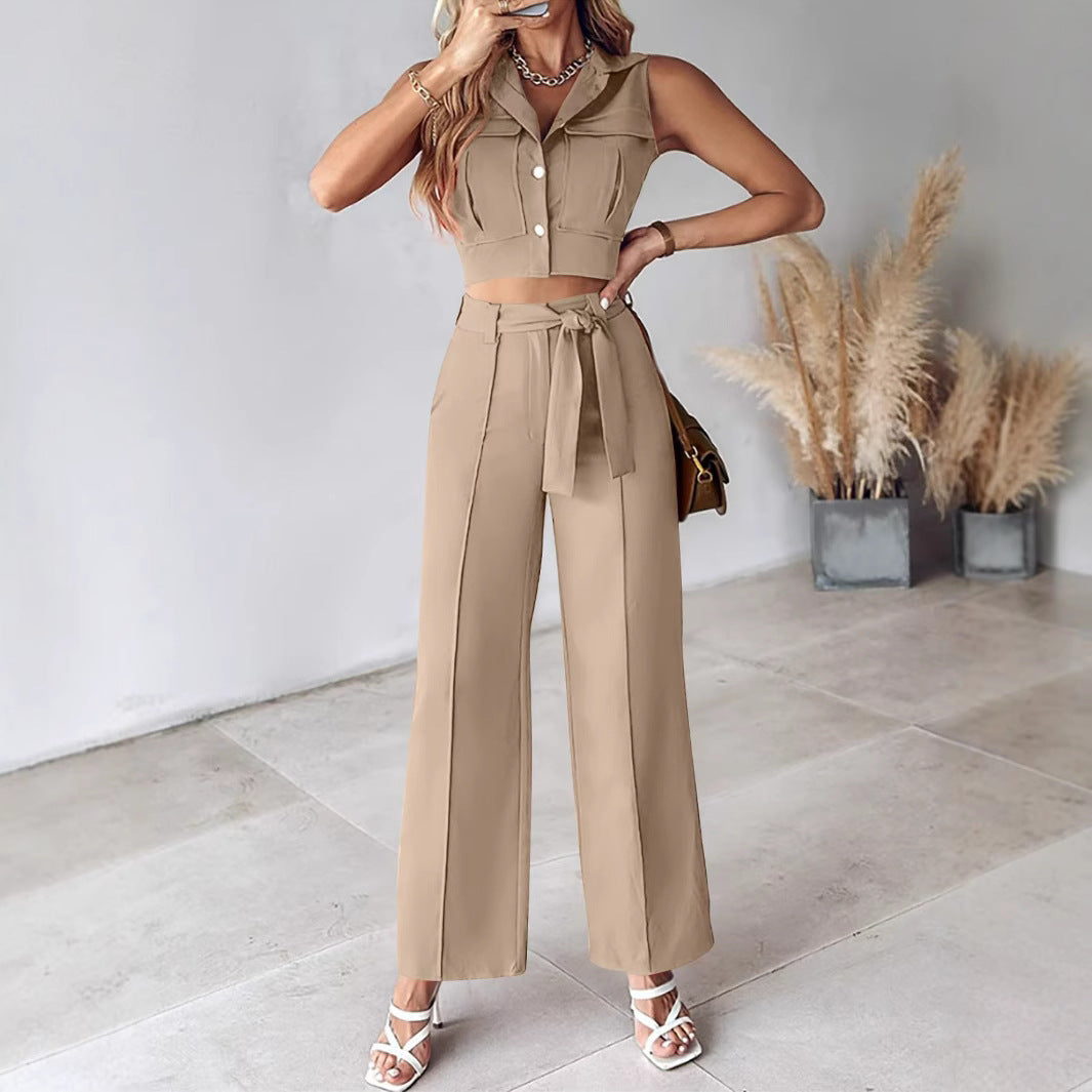 Ensemble femme – Top court sans manches à col – Pantalon large taille haute ceinturé