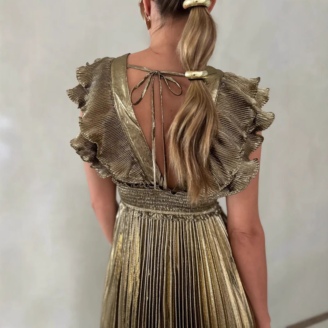 Robe de soirée femme – Coupe évasée – Satiné – Décolleté volanté – Jupe plissée maxi