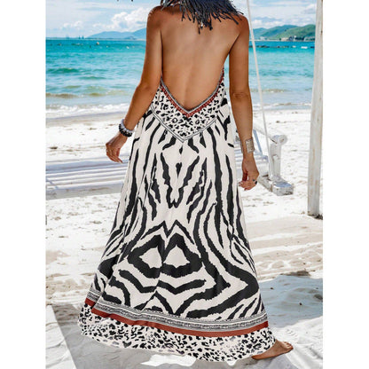 Robe longue femme – Coupe évasée fluide – Décolleté en V – Imprimé graphique – Bretelles fines