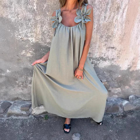 Robe longue femme – Coupe fluide – Tissu respirant – Épaules fleuries élégantes