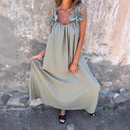 Robe longue femme – Coupe fluide – Tissu respirant – Épaules fleuries élégantes