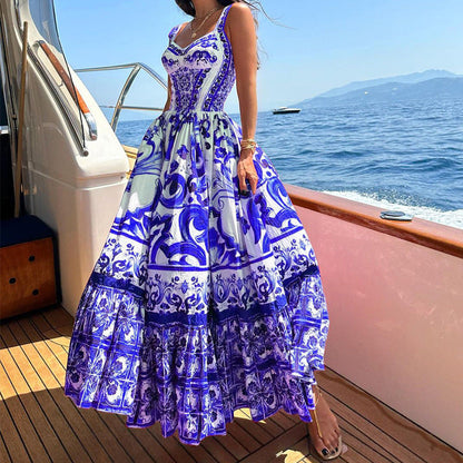 Robe longue pour femme – Coupe Fluide – Tissu Respirant – Jupe Volants – Imprimé Élégant