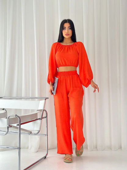 Women's Two-Piece Set – Off-Shoulder Top – High-Waist Wide-Leg Pants