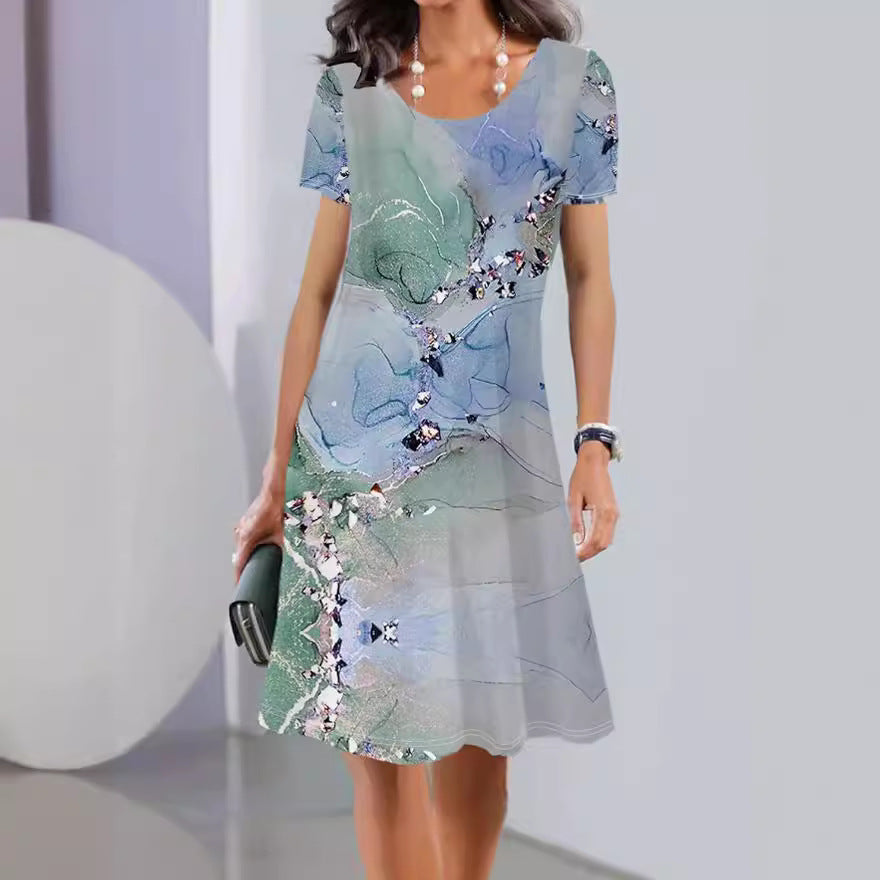 Robe femme évasée – Imprimé fleuri – Manches courtes – Coton – Longueur genou