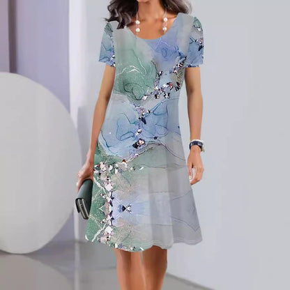 Robe femme évasée – Imprimé fleuri – Manches courtes – Coton – Longueur genou