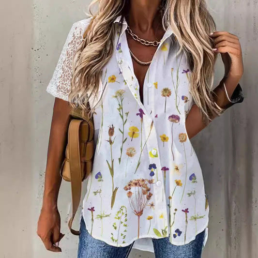 Blouse femme – Coupe décontractée – Manches dentelle – Imprimé fleuri – Tissu respirant