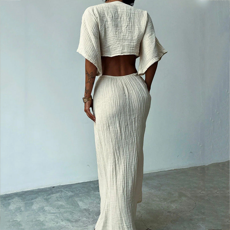 Robe longue femme – Coupe slim – Coton – Décolleté en V – Dos nu – Manches courtes