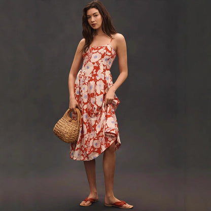 Robe longue femme – Col halter – Imprimé floral – Coupe évasée – Tissu respirant