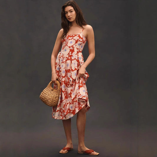 Robe longue femme – Col halter – Imprimé floral – Coupe évasée – Tissu respirant