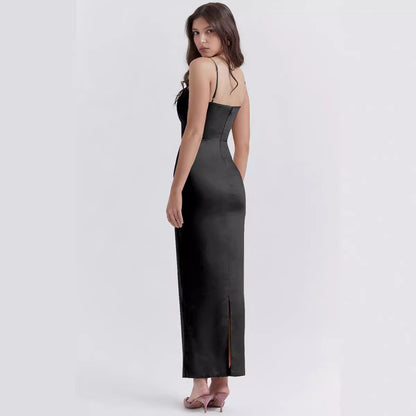 Robe longue femme – Tissu luxueux – Coupe moulante – Bretelles fines – Décolleté droit