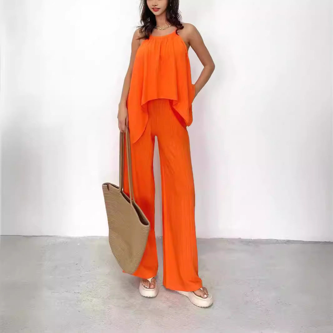 Women's Set Asymmetric Halter Top – Wide-Leg Relaxed Fit Breathable Pants