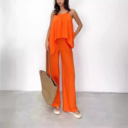 Women's Set Asymmetric Halter Top – Wide-Leg Relaxed Fit Breathable Pants