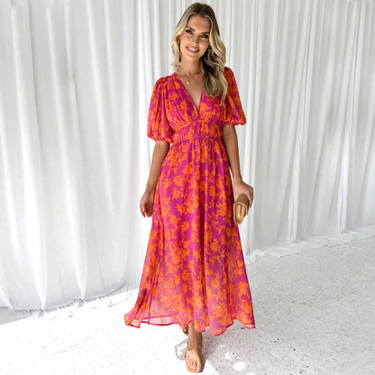 Robe longue femme – Coupe évasée fluide – Manches volumineuses – Tissu respirant
