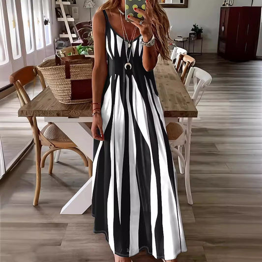 Robe longue femme – Décolleté en V – Bretelles réglables – Rayée – Coupe évasée fluide