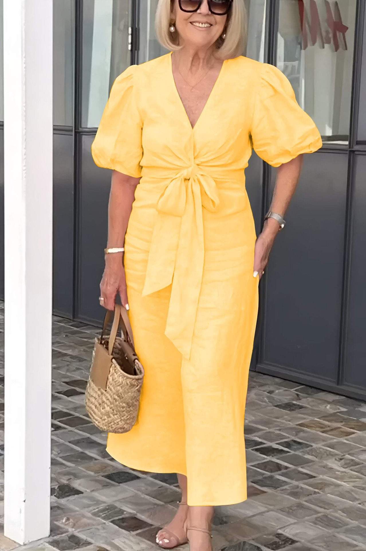 Robe midi femme – Coupe décontractée – Fibres naturelles – Manches bouffantes – Ceinture nouée – Décolleté en V