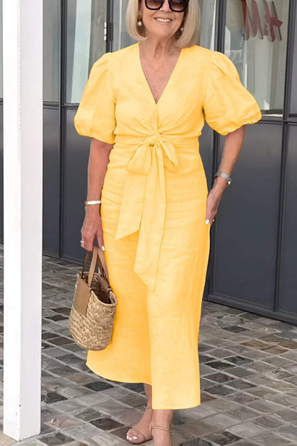 Robe midi femme – Coupe décontractée – Fibres naturelles – Manches bouffantes – Ceinture nouée – Décolleté en V
