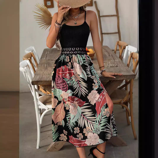 Robe d’été femme – Bretelles fines – Coupe fluide – Imprimé tropical