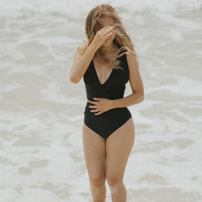 Bikini femme – Taille haute – Décolleté en V – Haut froncé – Tissu extensible respirant