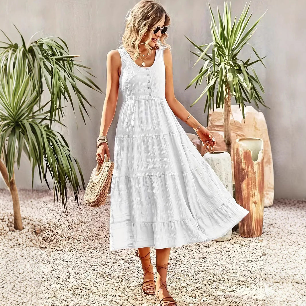 Robe longue femme – Sans manches – Coupe évasée – Tissu respirant – Jupe à volants