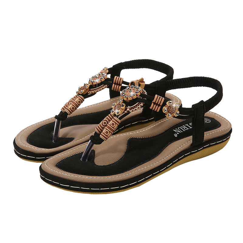 Sandales plates femme – Style bohème – Perles bois – Bride tressée confortable