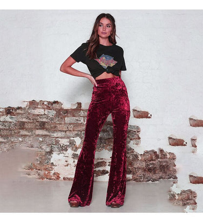 Pantalon évasé femme – Taille haute – Velours doux – Coupe ajustée – Longueur entière