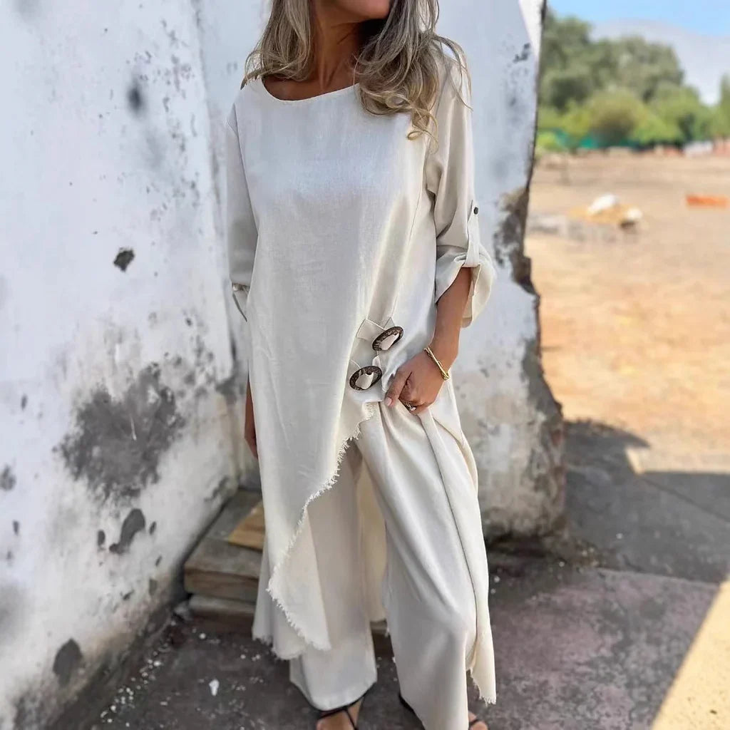 Robe femme – Coupe oversize – Longue – Manches longues – Tissu doux façon coton – Boutons côté